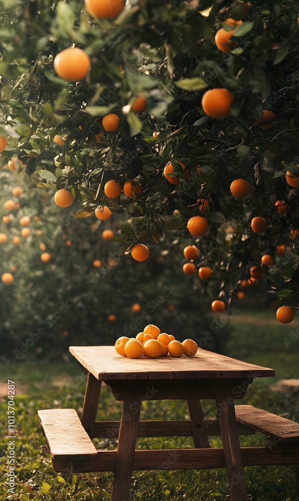 Poster 32. a serene wooden table placed amidst a backdrop of flourishing orange trees and fields, with brig