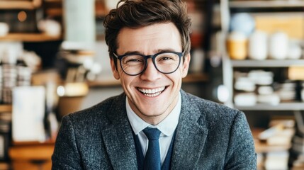 Fototapeta premium The young man exudes confidence and warmth as he smiles brightly in a stylish cafГ© adorned with books and natural light, showcasing a relaxed atmosphere perfect for socializing or working