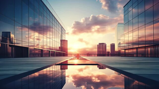 office building or business center. window buildings made of glass reflect the clouds and the sunset. empty street outside  wall modernity civilization, commercial, skyscraper, architecture