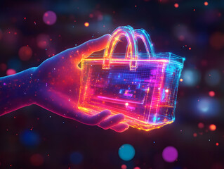 Flat Macro Shot of Hand Holding Glowing Holographic Sale Icon for Cyber Monday Discounts - Futuristic Design & Vibrant Glow in Simple Vector Illustration