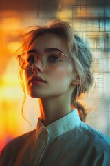 A woman wearing glasses is the main subject of the image. The image is a collage of various elements, including the woman's face and the surrounding environment.