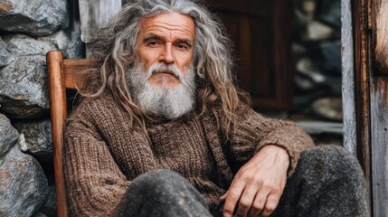 An elderly man with long gray hair and a beard sits comfortably on a wooden chair, dressed in a cozy sweater and relaxed trousers, enjoying the tranquility of his rustic surroundings
