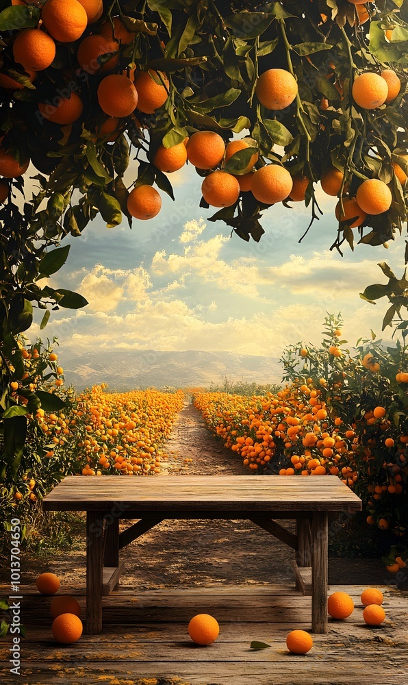 Poster 32. a serene wooden table placed amidst a backdrop of flourishing orange trees and fields, with brig