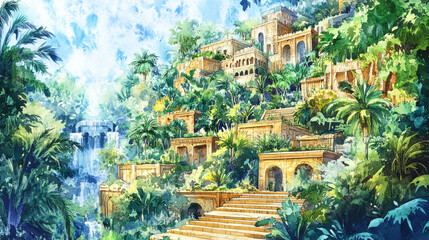 Fototapeta premium A vivid artistic rendering of the Hanging Gardens of Babylon surrounded by lush greenery