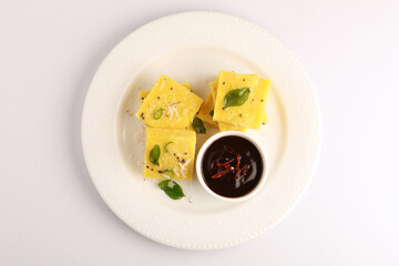 indian, fresh, breakfast, tasty, chutney, food, delicious, asian, green, soft, india, khaman, dhokla, meal, teatime, traditional, snacks, dhokala, served,
