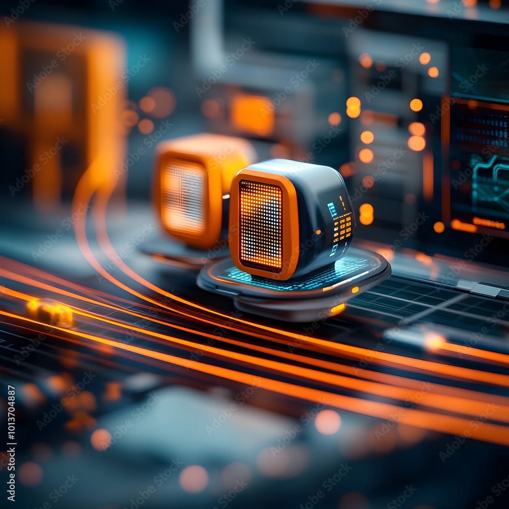 Poster experimental abstract image depicting the bustling rhythm of a futuristic smart transit nexus featur