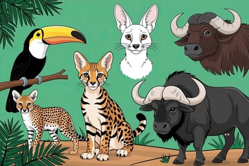 Playful African Animals: Toucan, Galago, Serval, Cape Buffalo, and Puff Adder for Children�s Coloring Book Pages