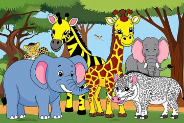Obraz premium Cute African Animal Line Art for Kids Coloring Book Featuring Giraffe Zebra Elephant Warthog and Leopard