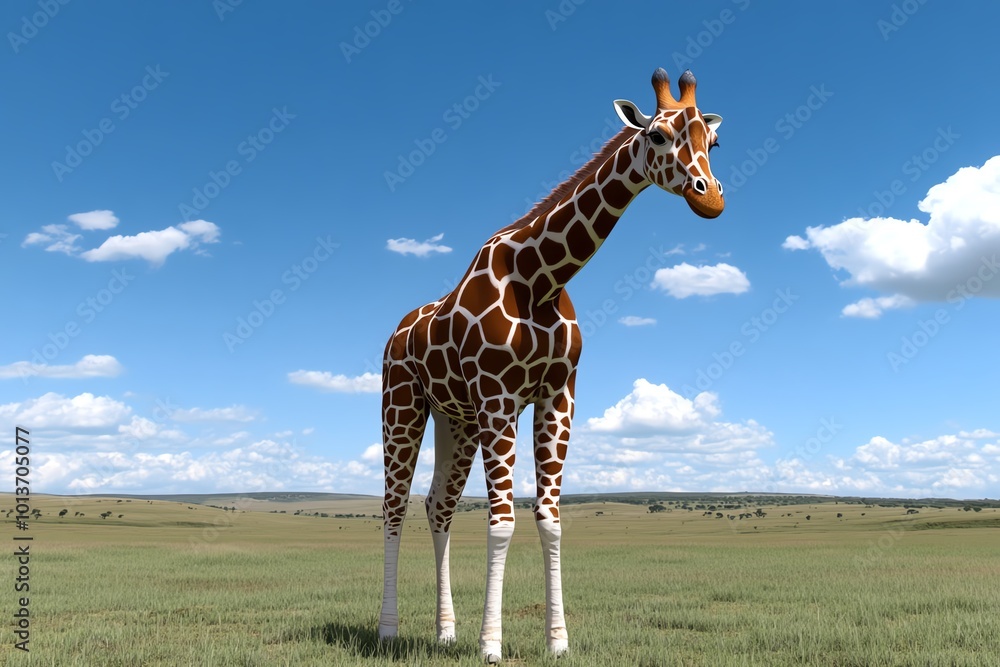 Poster 3d digital model of a giraffe grazing in the savannah, with animated movements and detailed surround