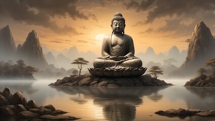 Buddha Statue in idyllischer, ruhiger Landschaft 