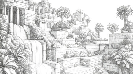 Intricate hand-drawn sketch of the ancient Hanging Gardens of Semiramis with waterfalls and flora