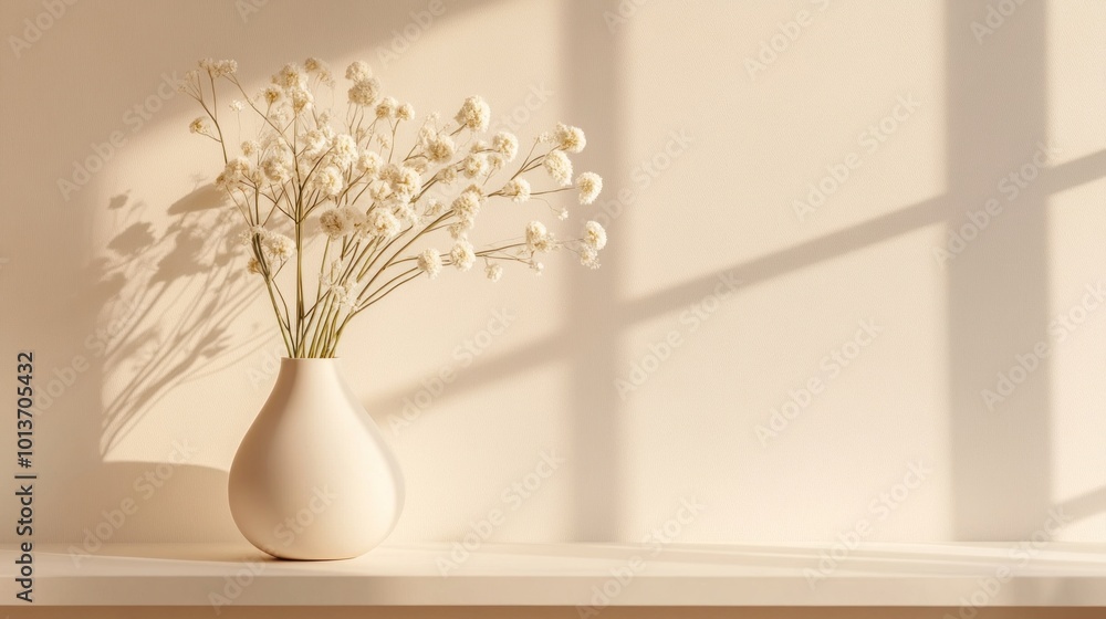 Poster white flowers elegantly arranged in a minimalist vase create a calming atmosphere as sunlight filter
