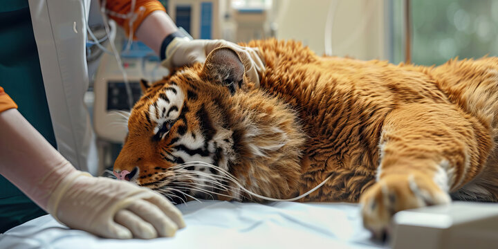 Orange tiger's fur: A big cat receiving medical attention at the animal hospital.