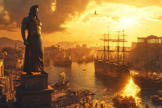 The Colossus of Rhodes stands majestically at the harbor entrance during golden hour