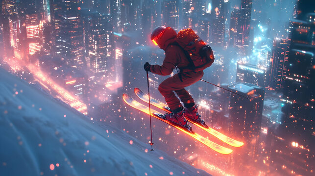 3D Glowing Skier Jumping Over Radiant Bridge in Neon Winter Cityscape - Energetic Winter Sports Scene for Skiing and City Events