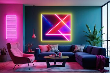 Vibrant Neon Geometric Abstract Canvas Art Featuring Angular Designs and Luminous Colors