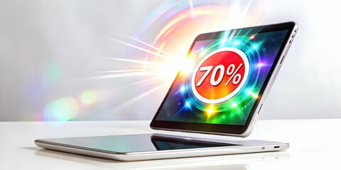Floating Digital Tablet with Holographic Discount Badge and Sale Price for Cyber Monday Promotions - Eye-Catching Stock Photo Concept