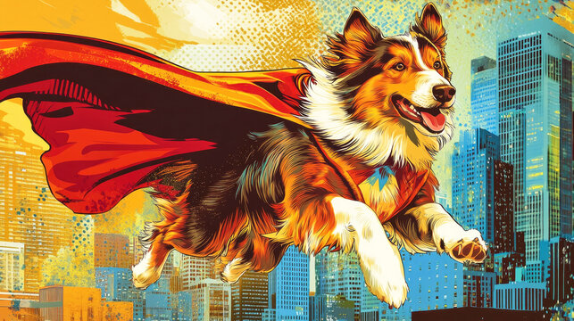 A heroic collie dog in a superhero cape soars through a vibrant cityscape in comic book style