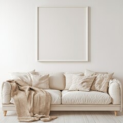 A comfy beige couch with plush pillows and a throw blanket sits beneath a large vertical empty frame on a neutral backdrop.