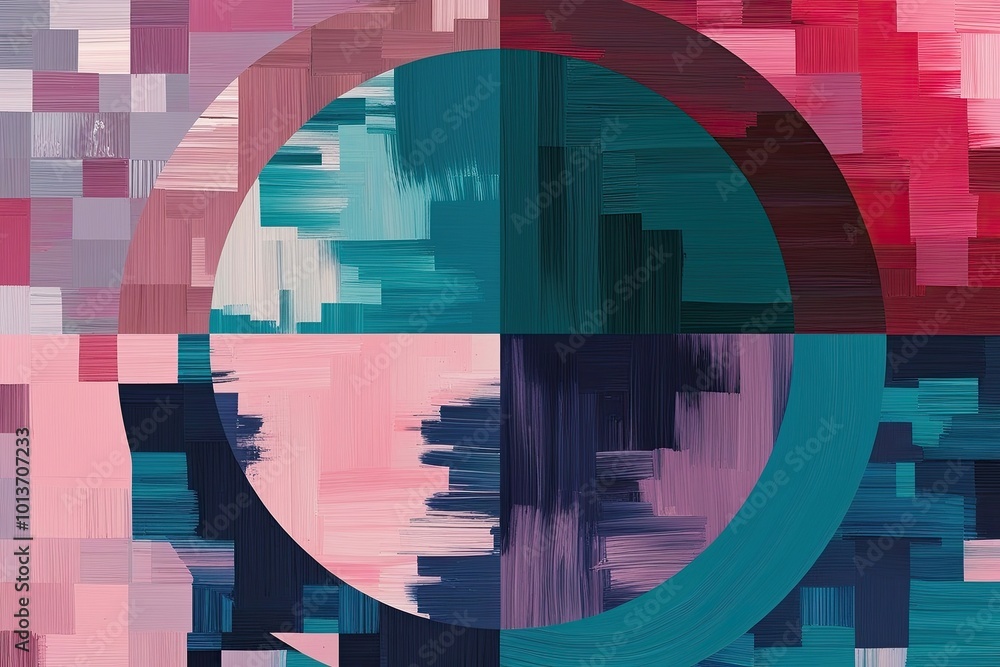 Poster Vibrant Circular Digital Art Textures Featuring Pixelated Brushstrokes and Multi Layered Dimensions