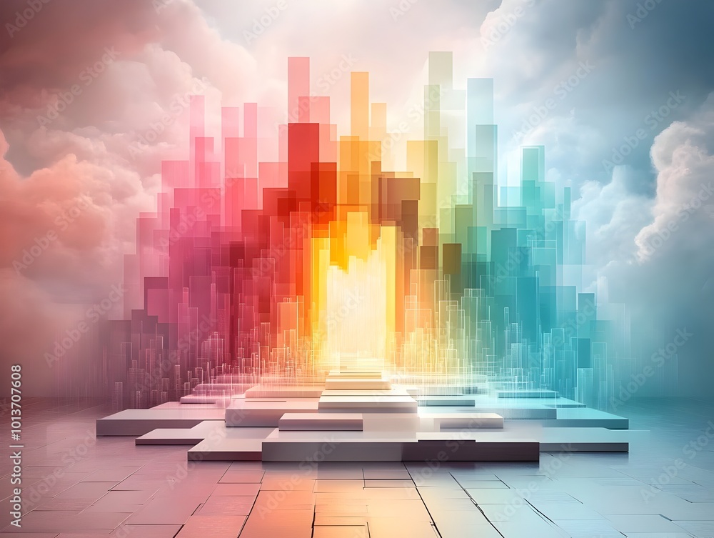 Poster mesmerizing neon hued digital landscape featuring interconnected geometric structures cascading pris