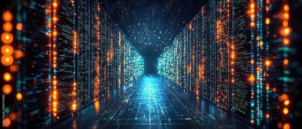 Poster abstract data center corridor with glowing servers and network cables.