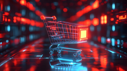 3D Glossy Futuristic Shopping Cart Icon with Glowing Sales Tags for Cyber Monday Promotions - Dynamic Ecommerce Background Design