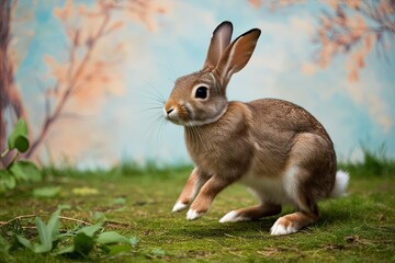 Fototapeta premium Playful Brown Rabbit in Whimsical Natural Background Curious Creature Hopping Through Nature