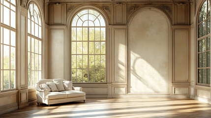 A white couch sits in the corner of a sunlit room with tall arched windows and ornate molding.