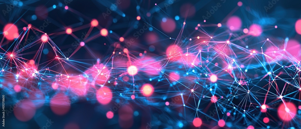 Poster abstract network of glowing points and lines, representing connections and data flow.