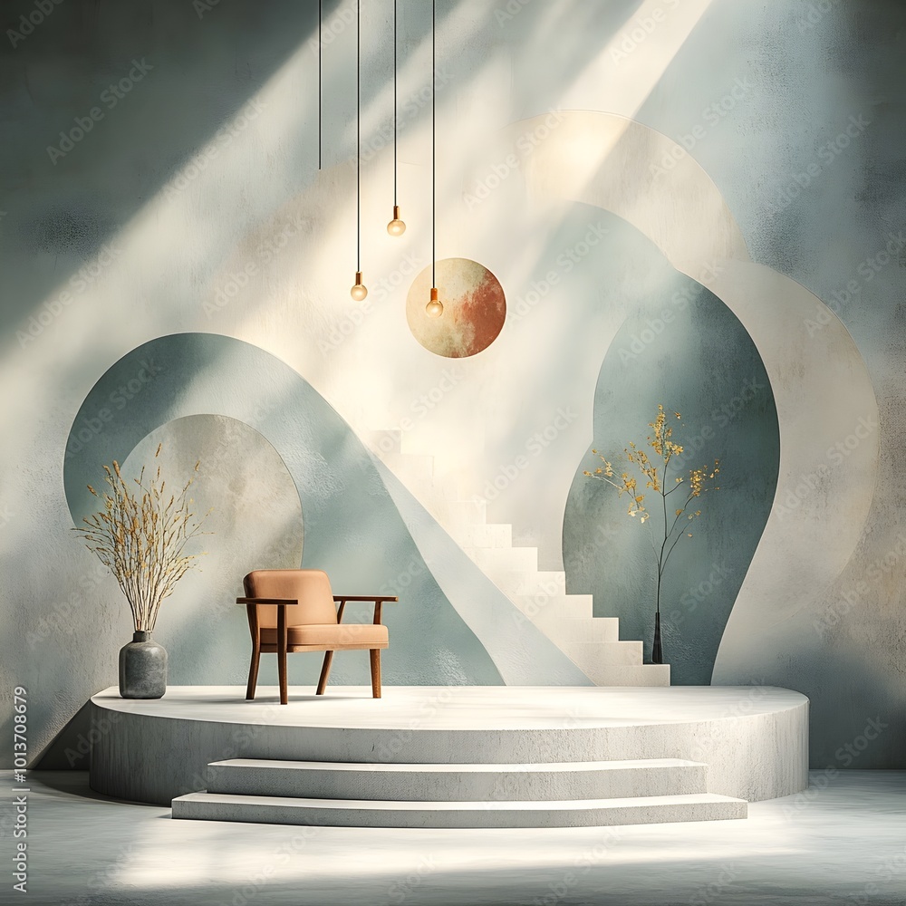 Poster serene and tranquil 3d interior studio scene with abstract painted walls an empty minimalist space f