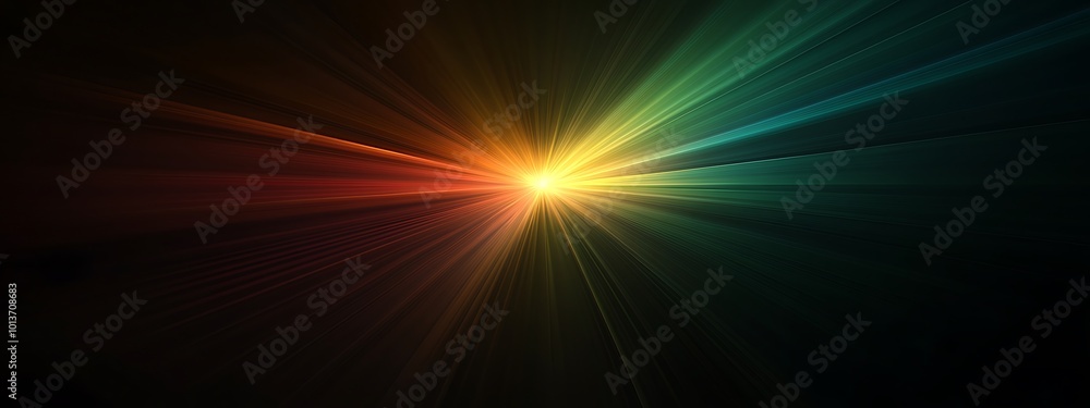 Poster abstract colorful light rays radiating from a bright center against a black background.