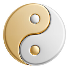 Golden and silver metallic Yin Yang symbol isolated on transparent background. Elegant decorative emblem