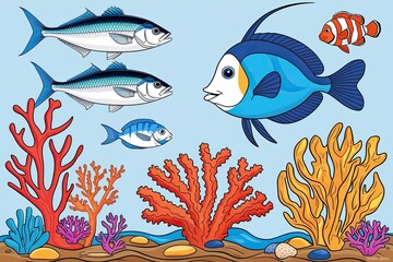 Naklejka premium Ocean Wildlife Coloring Pages Featuring Mackerel Coral Shrimp Blue Tang and Butterfly Fish for Kids