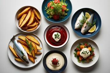 Seven Delicious Dishes with Potato Wedges Fish and Gourmet Sauces on a White Background
