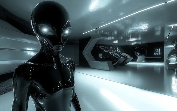 A futuristic scene featuring a glossy alien figure in a sleek, high-tech environment with illuminated surfaces and control panels.