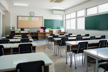 Typical empty elementary school classroom interior design. Rows of desks, chairs in neat arrangement. Light-colored desks contrast with dark floor. White walls create clean, bright atmosphere. Clock,
