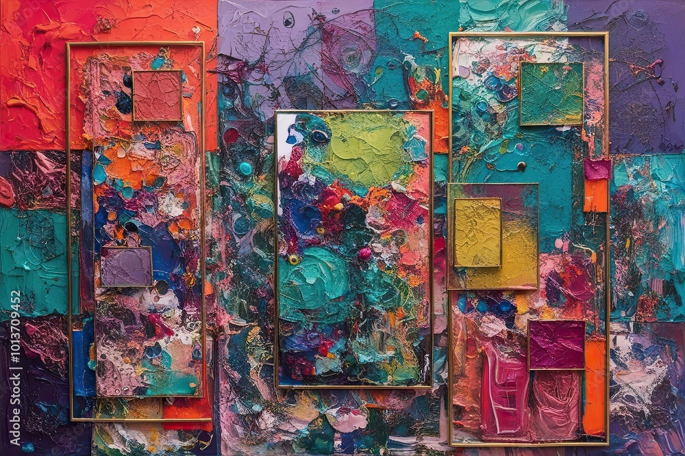 Poster dynamic surreal mixed media art with textured acrylic layers and rectangle compositions