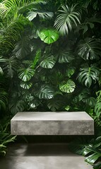 26. An inviting scene featuring a sturdy concrete podium in a tropical environment, framed by a lush green wall of plants and trees, providing a unique and vibrant setting for product display