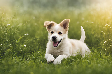Playful puppy sitting on a grassy field