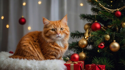 Obraz premium Photo of cute, beautiful, fluffy cat near the Christmas tree, happy new year and merry christmas, gifts, festive mood 