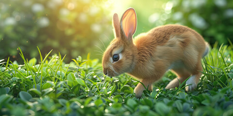 Fototapeta premium A rabbit hopping through a grassy field, nibbling on fresh greenery.