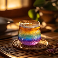 Colorful cocktail glass on wooden surface with warm lighting.