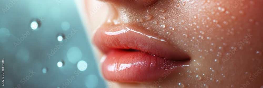 Poster a close-up view highlights the woman's moist lips adorned with raindrops, evoking a sense of refresh