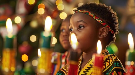 Kwanzaa, African American New Year's festival, atmosphere cozy family dinner, burning candles, happy smiling child in national costume, generational connection