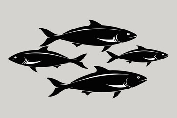 A set of 4 Salmon fishes isolated silhouette black vector art illustration