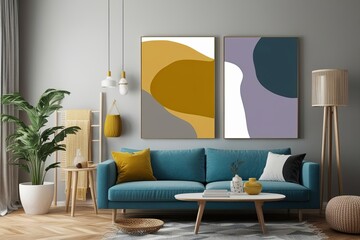 Bright and Colorful Interior Art with Periwinkle Mustard White and Gray Tones on Premium Canvas