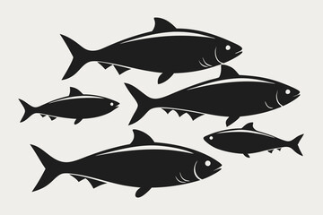 A set of 4 Salmon fishes isolated silhouette black vector art illustration