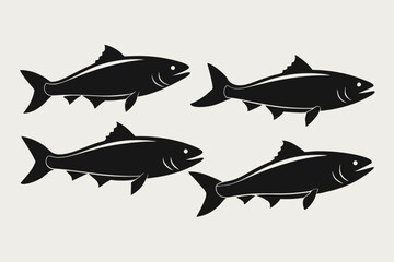 A set of 4 Salmon fishes isolated silhouette black vector art illustration