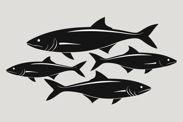A set of 4 Salmon fishes isolated silhouette black vector art illustration